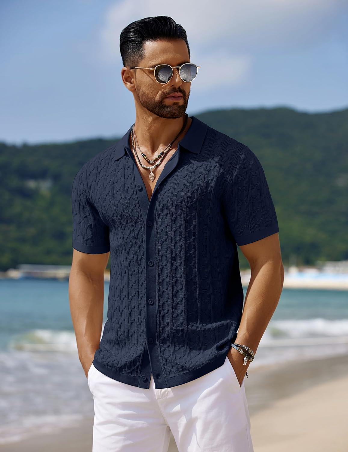 imageCOOFANDY Mens Knit Short Sleeve Shirts Button Down Vintage Knitted Polo Shirt Casual Beach Crochet Cable Vacation ShirtNavy Blue