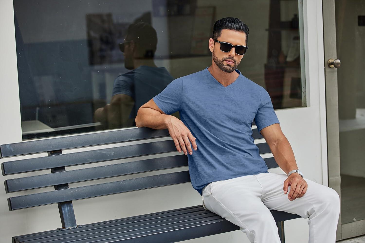 imageCOOFANDY Mens T Shirts Short Sleeve Classic V Neck TShirt Casual Summer Basic Tee ShirtDark Blue