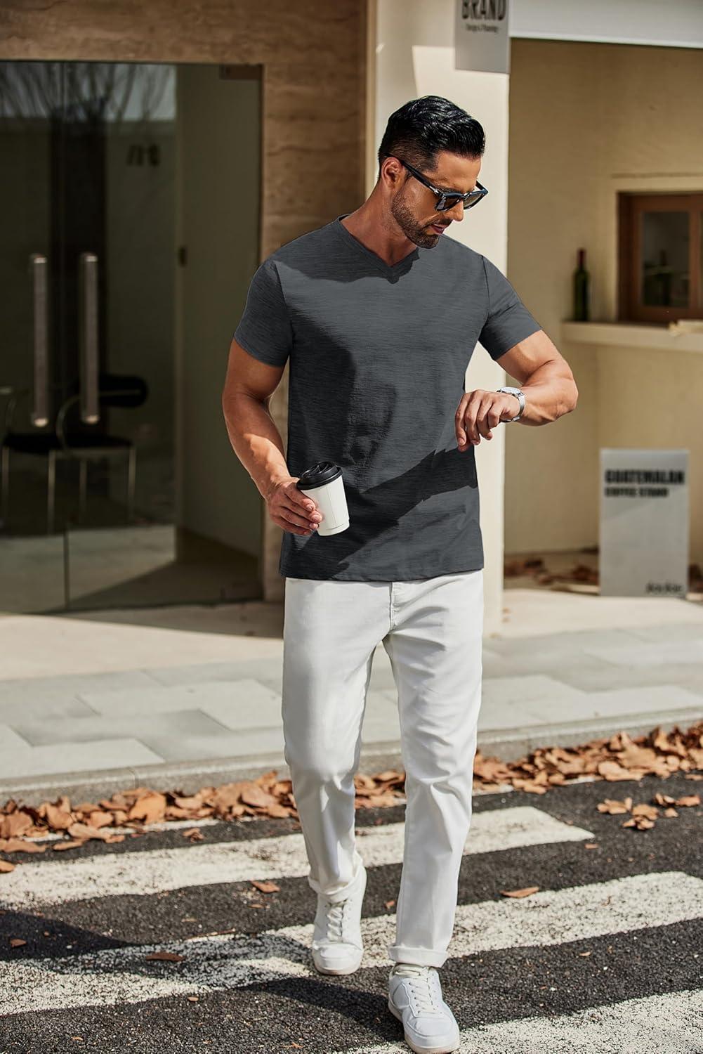imageCOOFANDY Mens T Shirts Short Sleeve Classic V Neck TShirt Casual Summer Basic Tee ShirtDark Grey
