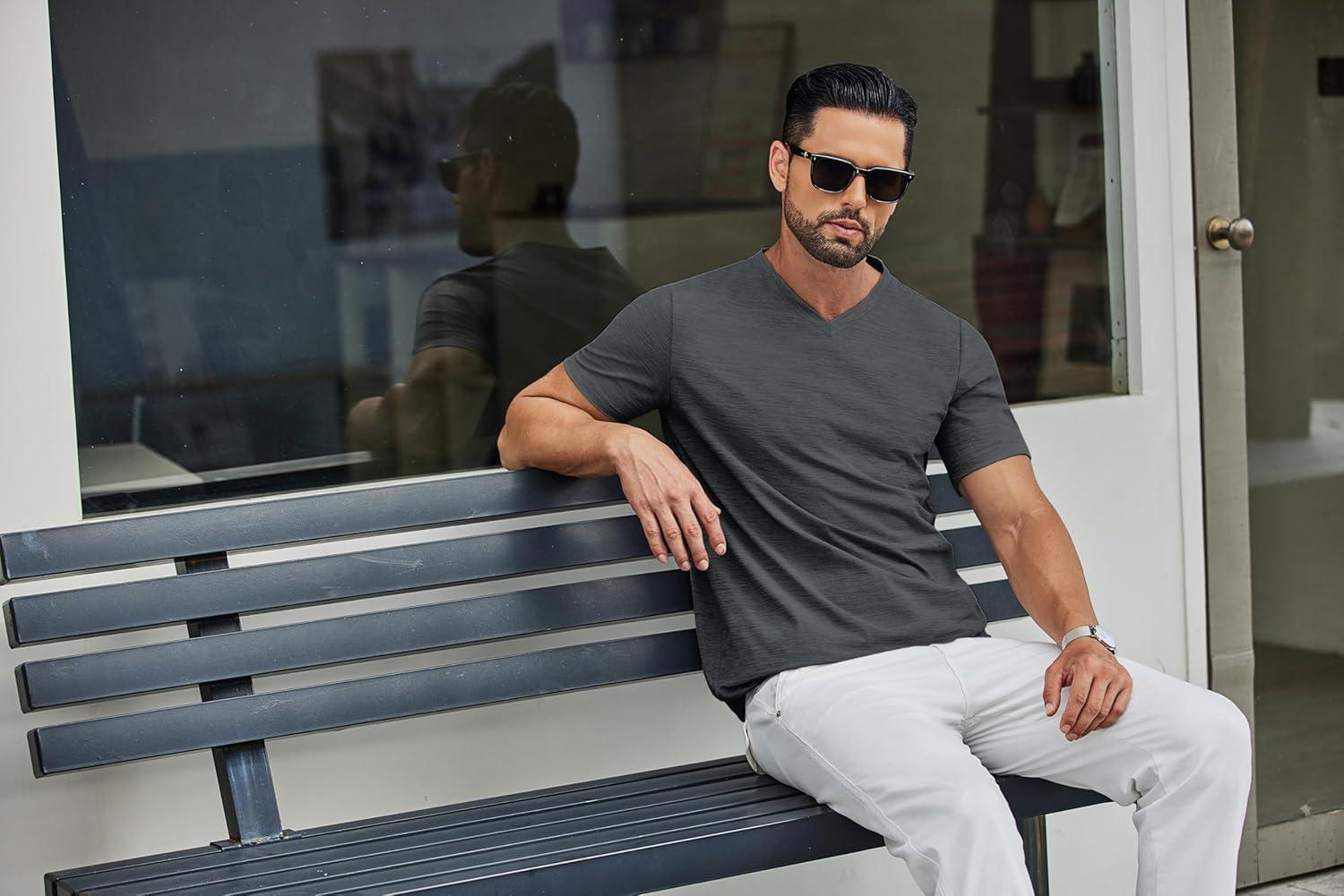 imageCOOFANDY Mens T Shirts Short Sleeve Classic V Neck TShirt Casual Summer Basic Tee ShirtDark Grey