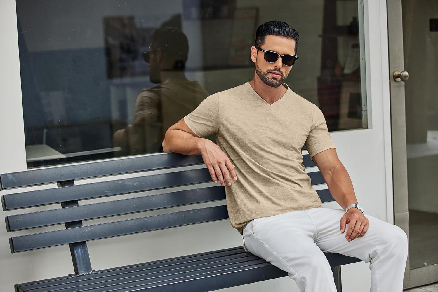 imageCOOFANDY Mens T Shirts Short Sleeve Classic V Neck TShirt Casual Summer Basic Tee ShirtKhaki