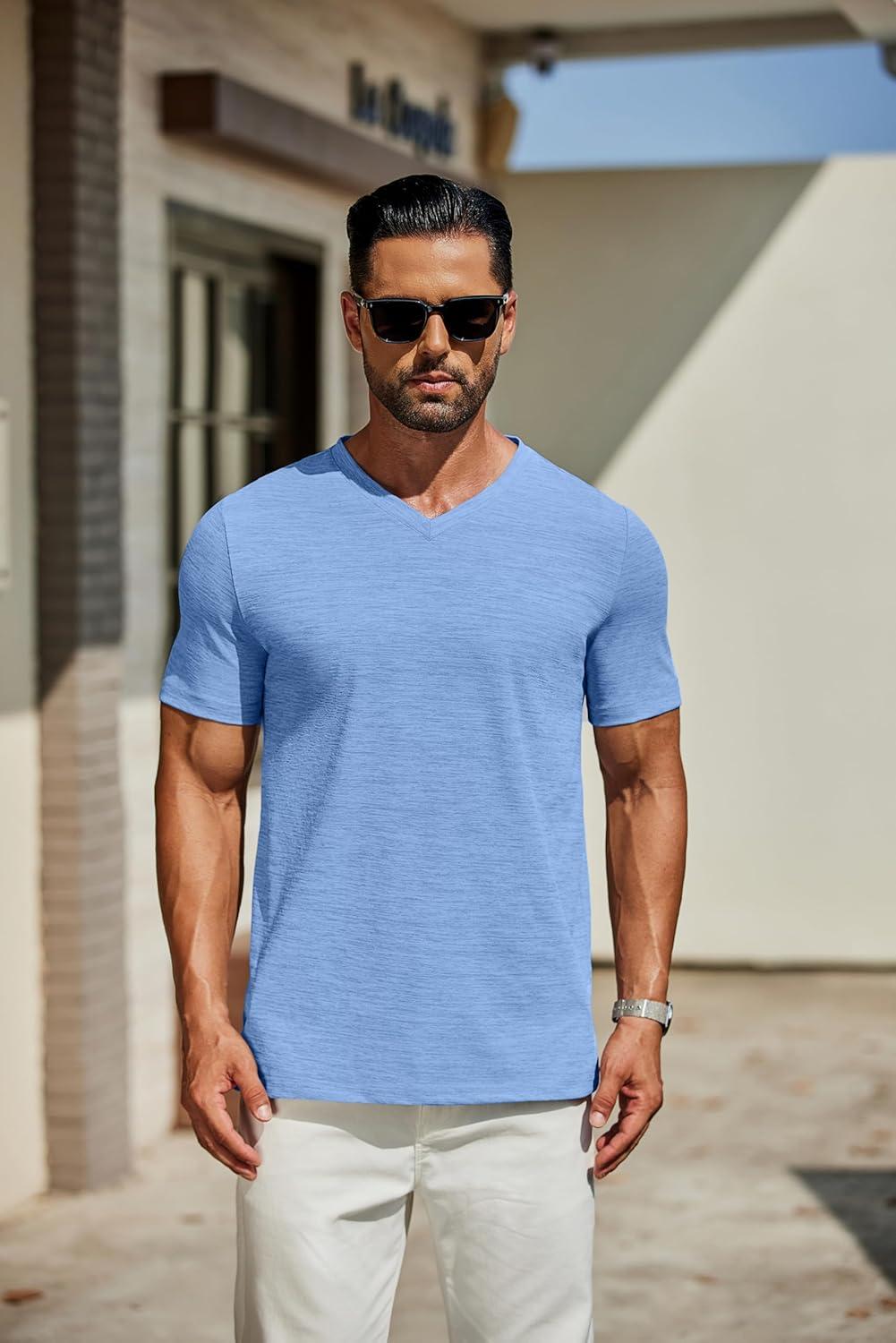 imageCOOFANDY Mens T Shirts Short Sleeve Classic V Neck TShirt Casual Summer Basic Tee ShirtLight Blue