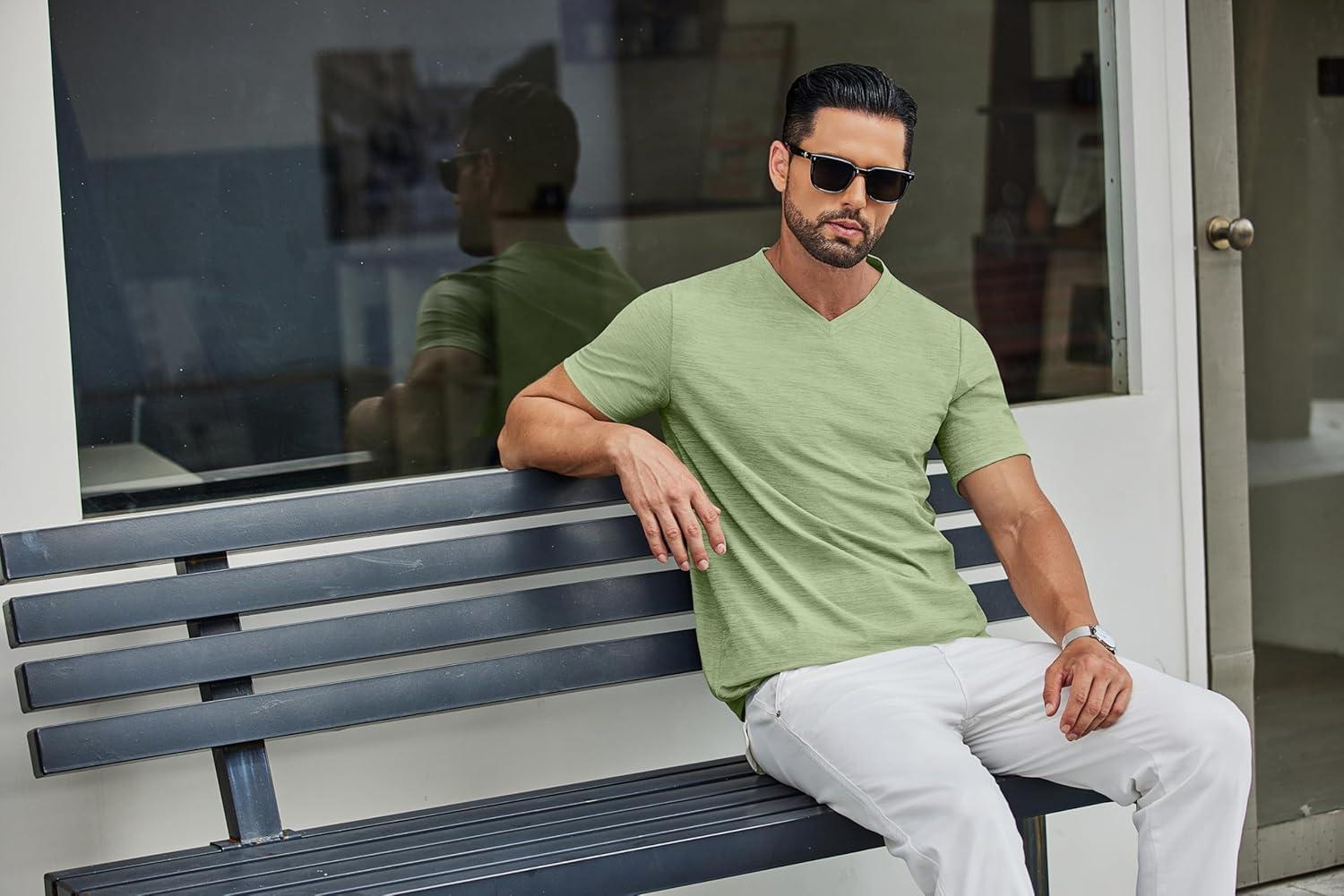 imageCOOFANDY Mens T Shirts Short Sleeve Classic V Neck TShirt Casual Summer Basic Tee ShirtLight Green