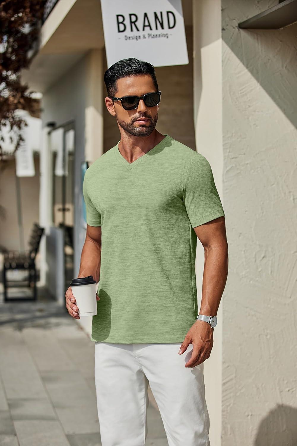 imageCOOFANDY Mens T Shirts Short Sleeve Classic V Neck TShirt Casual Summer Basic Tee ShirtLight Green