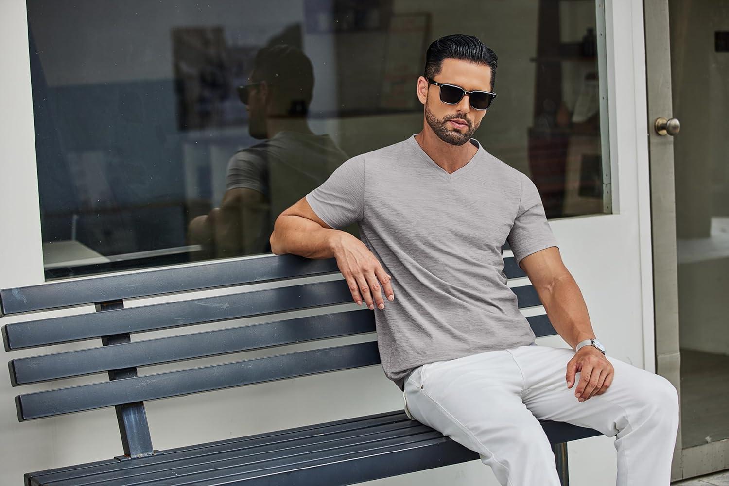 imageCOOFANDY Mens T Shirts Short Sleeve Classic V Neck TShirt Casual Summer Basic Tee ShirtLight Grey