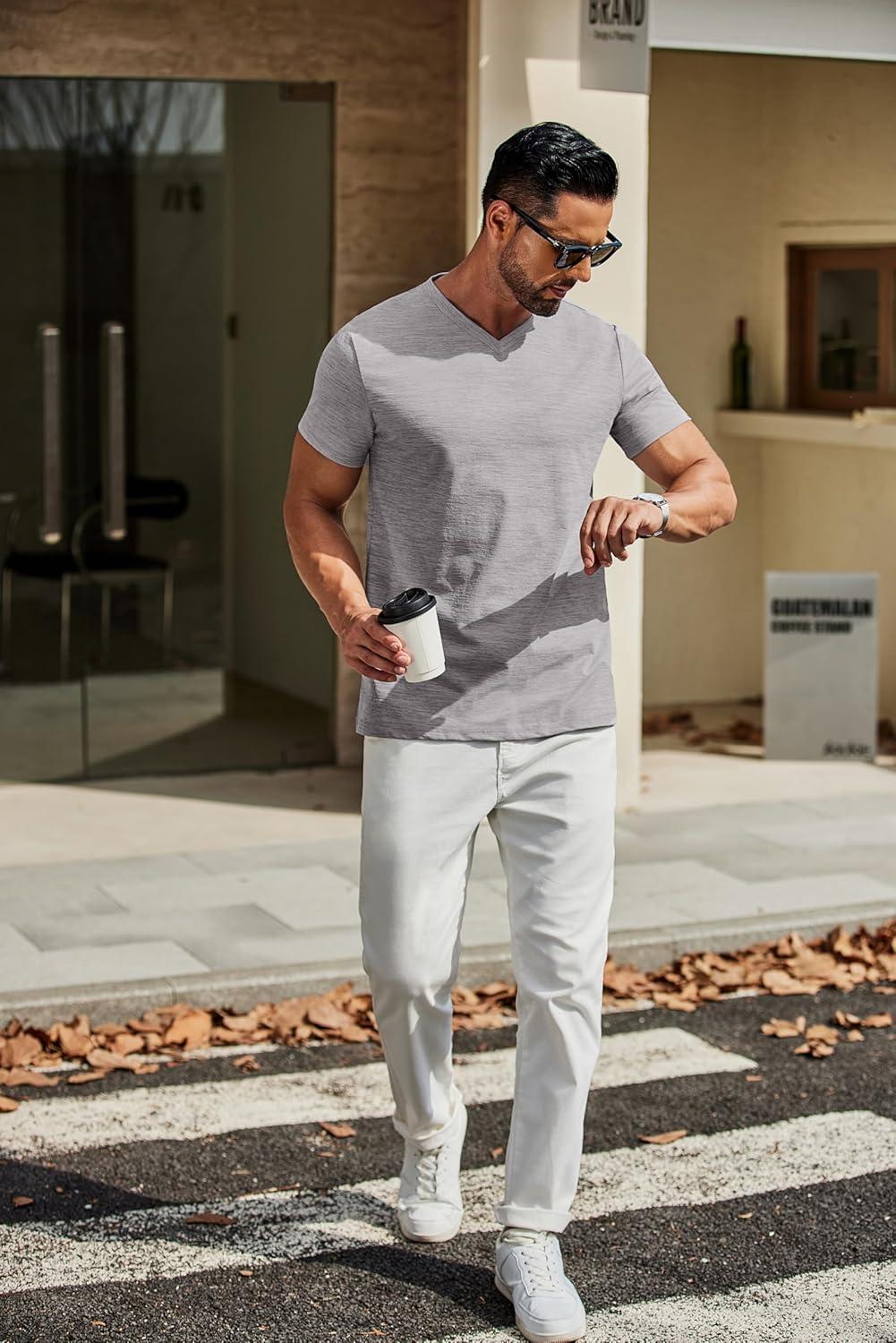 imageCOOFANDY Mens T Shirts Short Sleeve Classic V Neck TShirt Casual Summer Basic Tee ShirtLight Grey