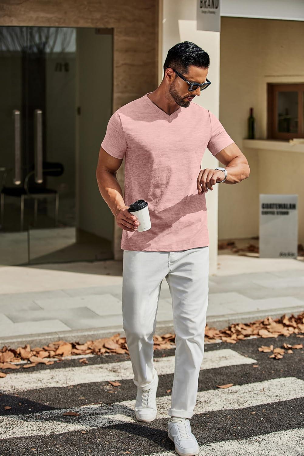 imageCOOFANDY Mens T Shirts Short Sleeve Classic V Neck TShirt Casual Summer Basic Tee ShirtPink