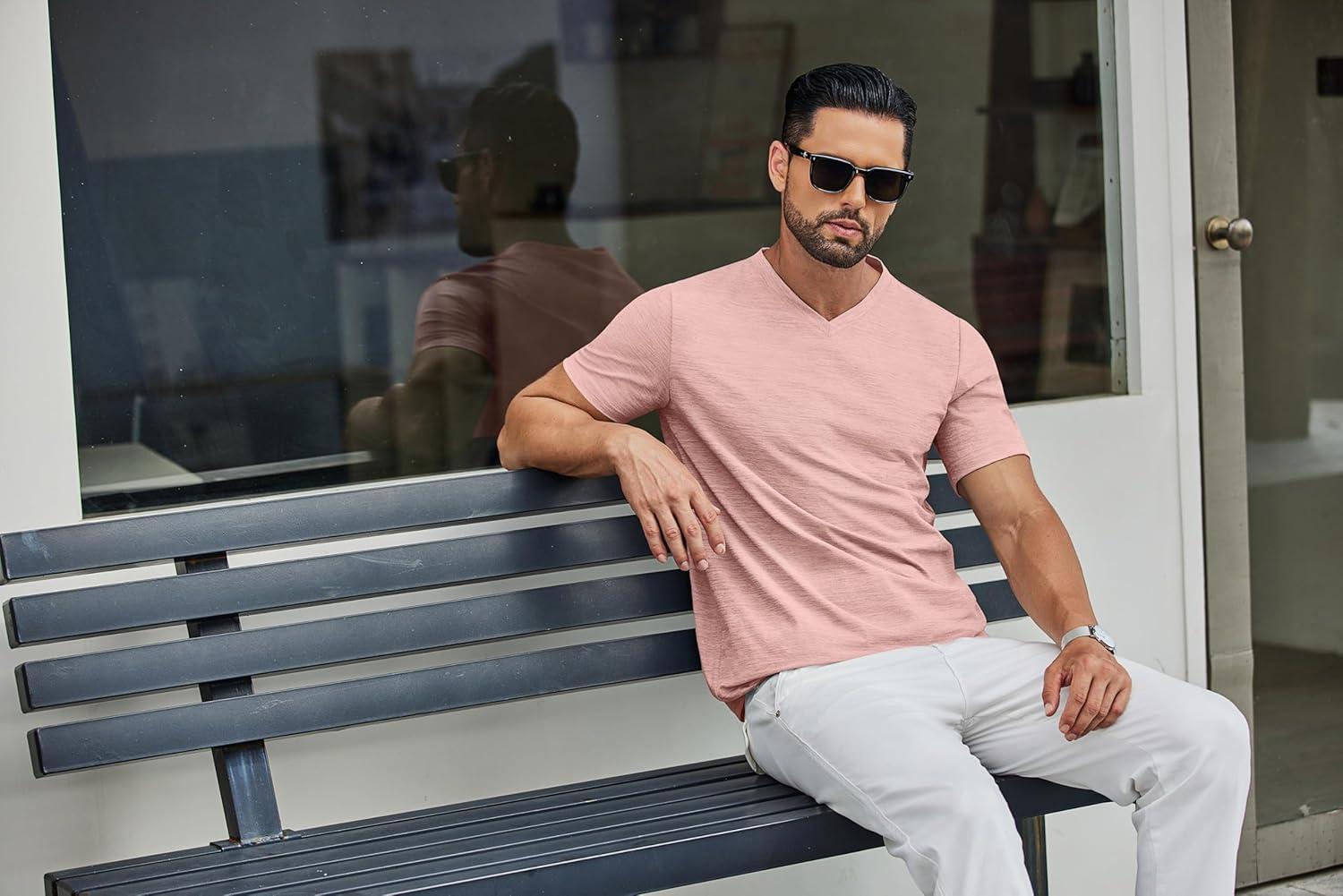 imageCOOFANDY Mens T Shirts Short Sleeve Classic V Neck TShirt Casual Summer Basic Tee ShirtPink