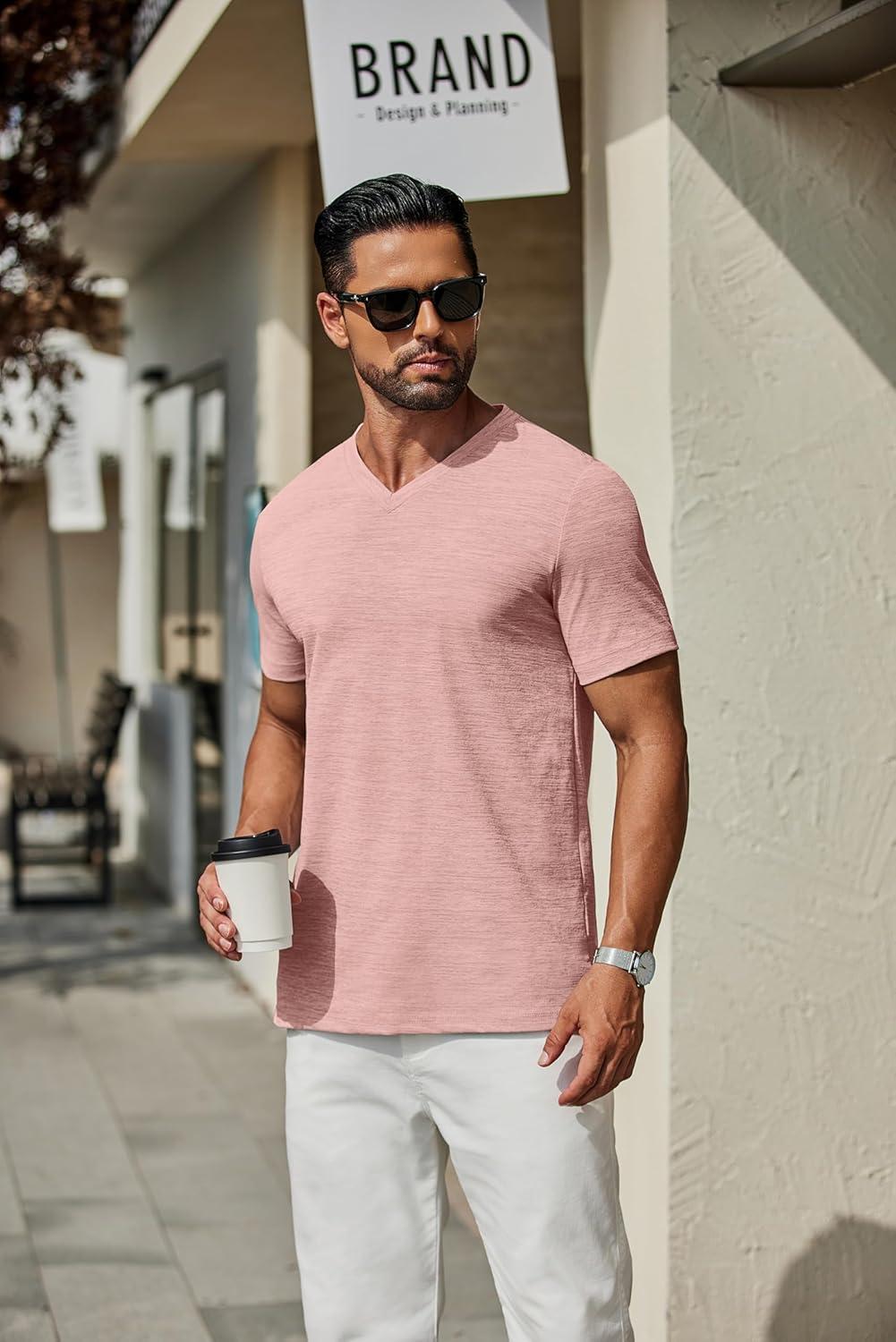 imageCOOFANDY Mens T Shirts Short Sleeve Classic V Neck TShirt Casual Summer Basic Tee ShirtPink