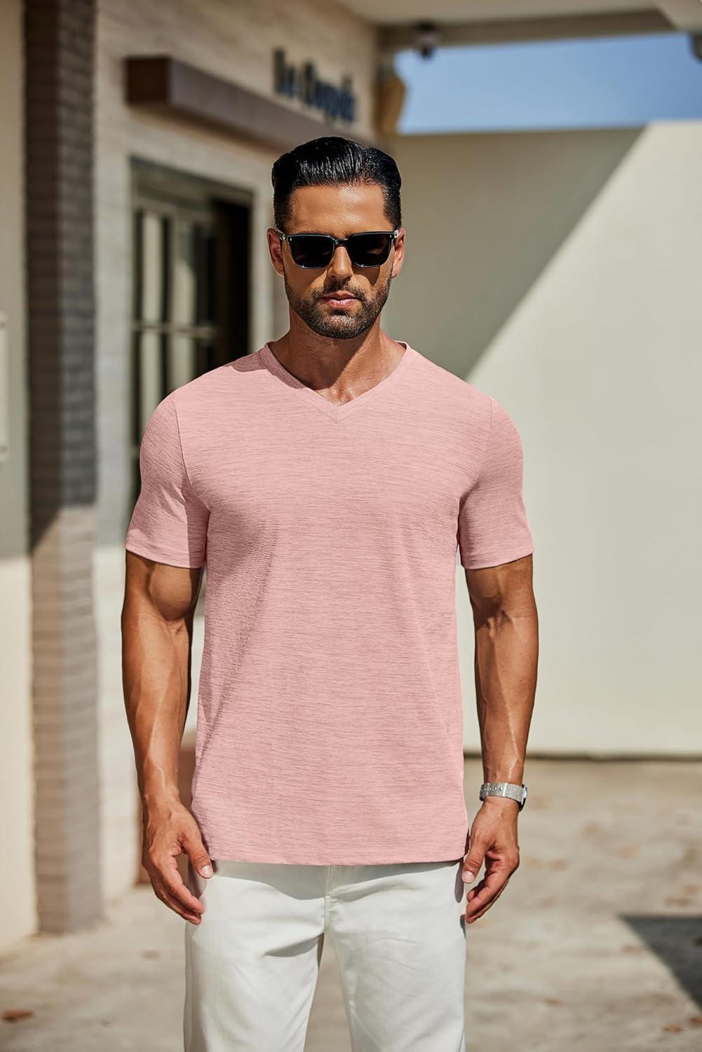 imageCOOFANDY Mens T Shirts Short Sleeve Classic V Neck TShirt Casual Summer Basic Tee ShirtPink