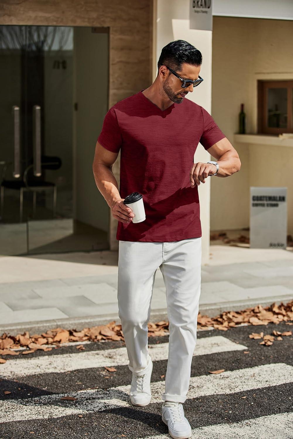 imageCOOFANDY Mens T Shirts Short Sleeve Classic V Neck TShirt Casual Summer Basic Tee ShirtWine Red