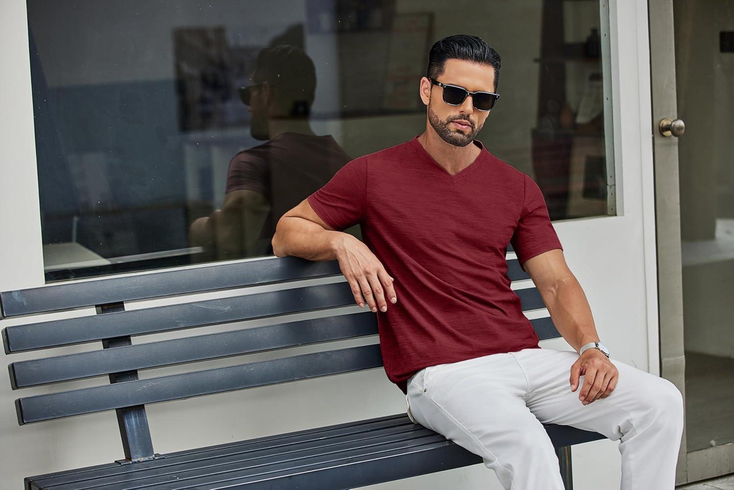 imageCOOFANDY Mens T Shirts Short Sleeve Classic V Neck TShirt Casual Summer Basic Tee ShirtWine Red