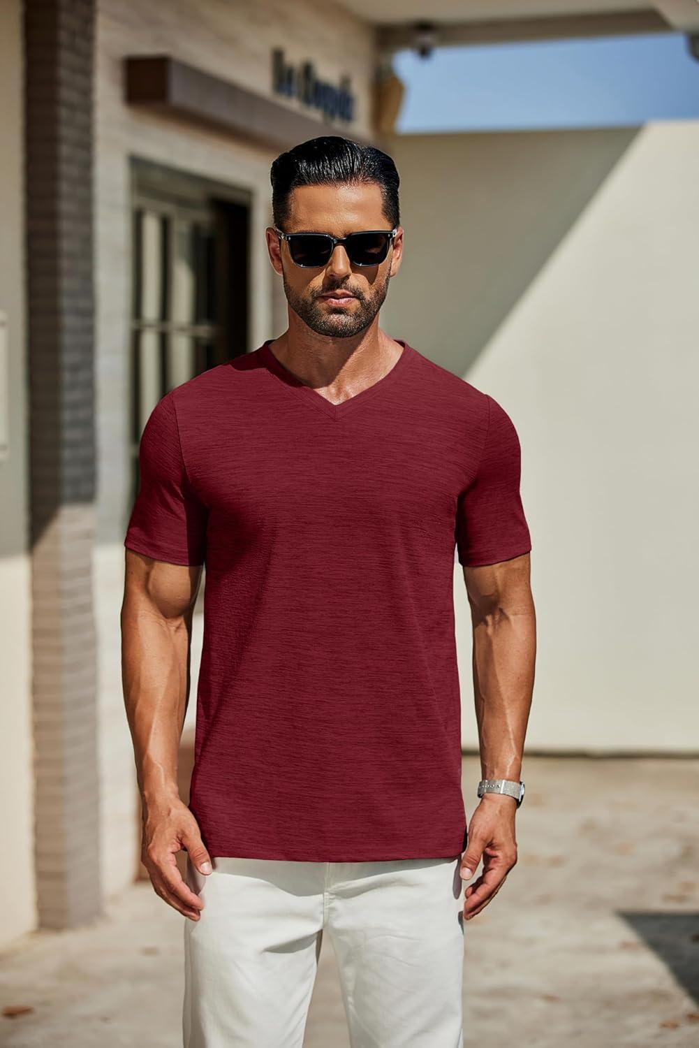 imageCOOFANDY Mens T Shirts Short Sleeve Classic V Neck TShirt Casual Summer Basic Tee ShirtWine Red