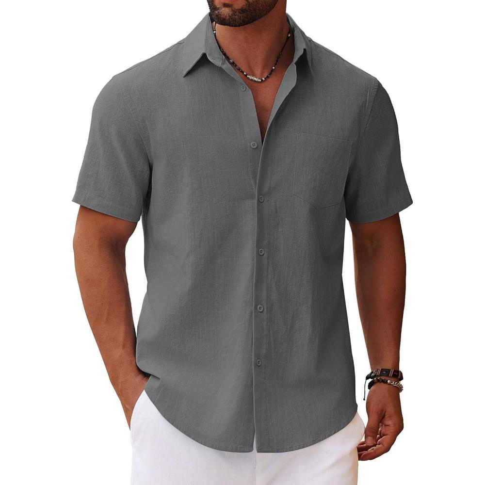 imageCOOFANDY Mens Button Down Short Sleeve Shirt Casual Cotton Summer Beach Wedding Shirts with PocketDark Grey