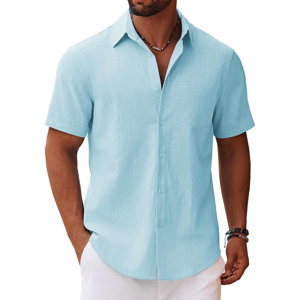 imageCOOFANDY Mens Button Down Short Sleeve Shirt Casual Cotton Summer Beach Wedding Shirts with PocketLight Blue