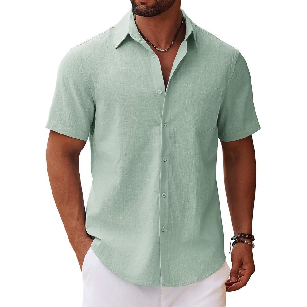 imageCOOFANDY Mens Button Down Short Sleeve Shirt Casual Cotton Summer Beach Wedding Shirts with PocketLight Green