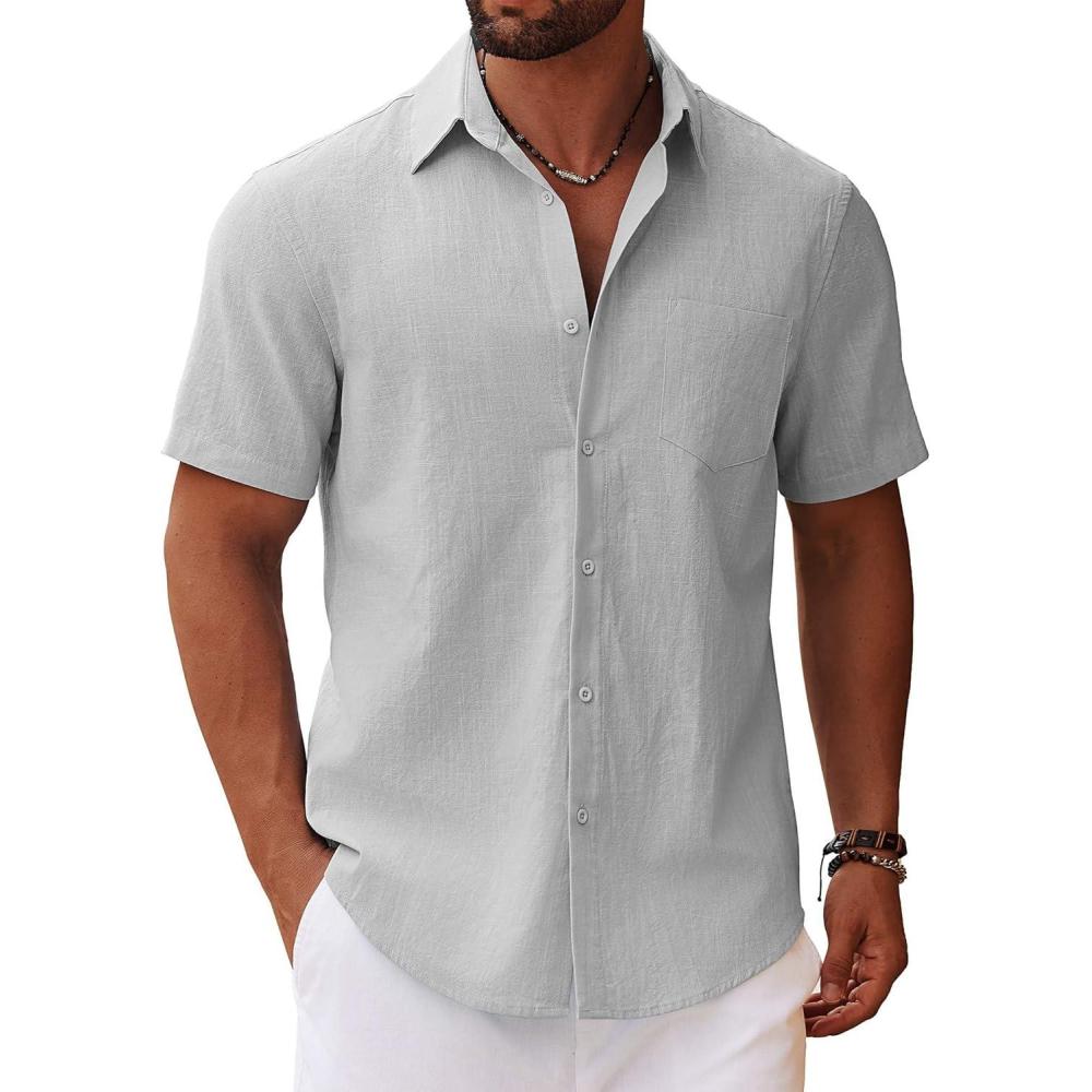 imageCOOFANDY Mens Button Down Short Sleeve Shirt Casual Cotton Summer Beach Wedding Shirts with PocketLight Grey