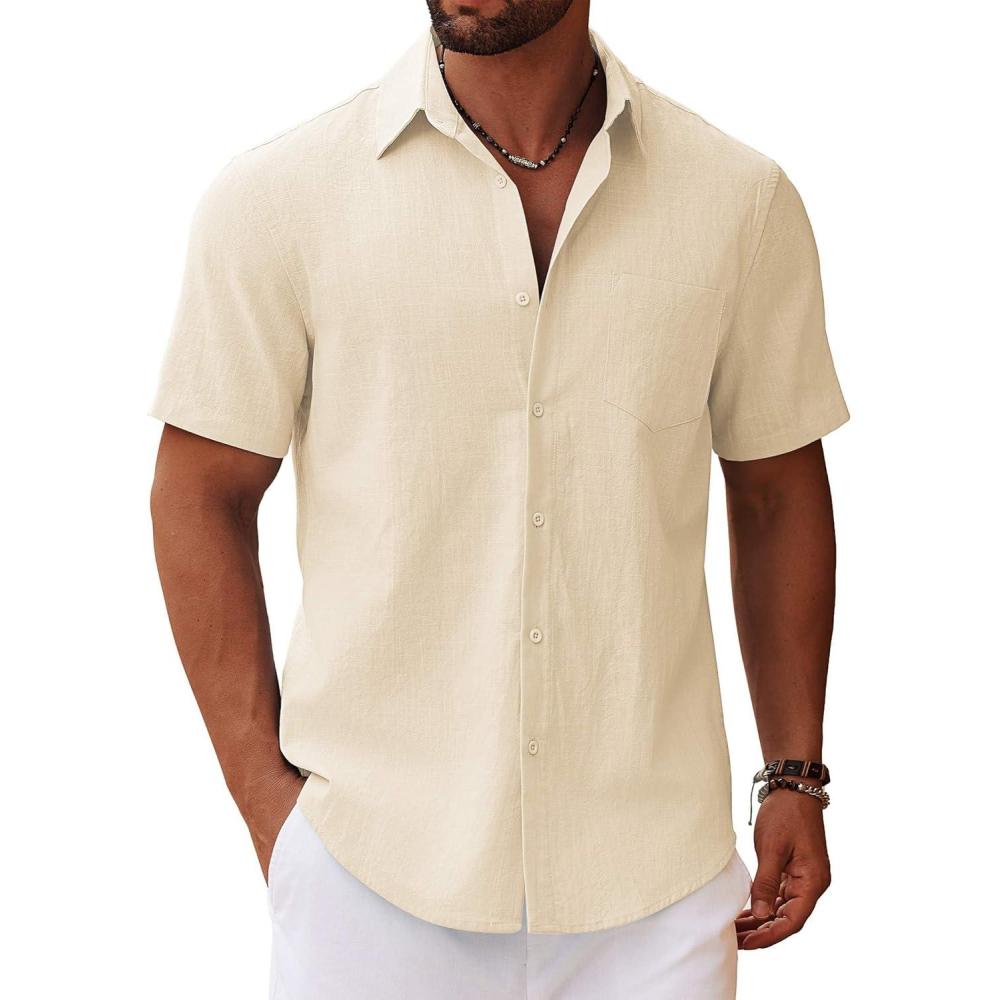 imageCOOFANDY Mens Button Down Short Sleeve Shirt Casual Cotton Summer Beach Wedding Shirts with PocketLight Khaki