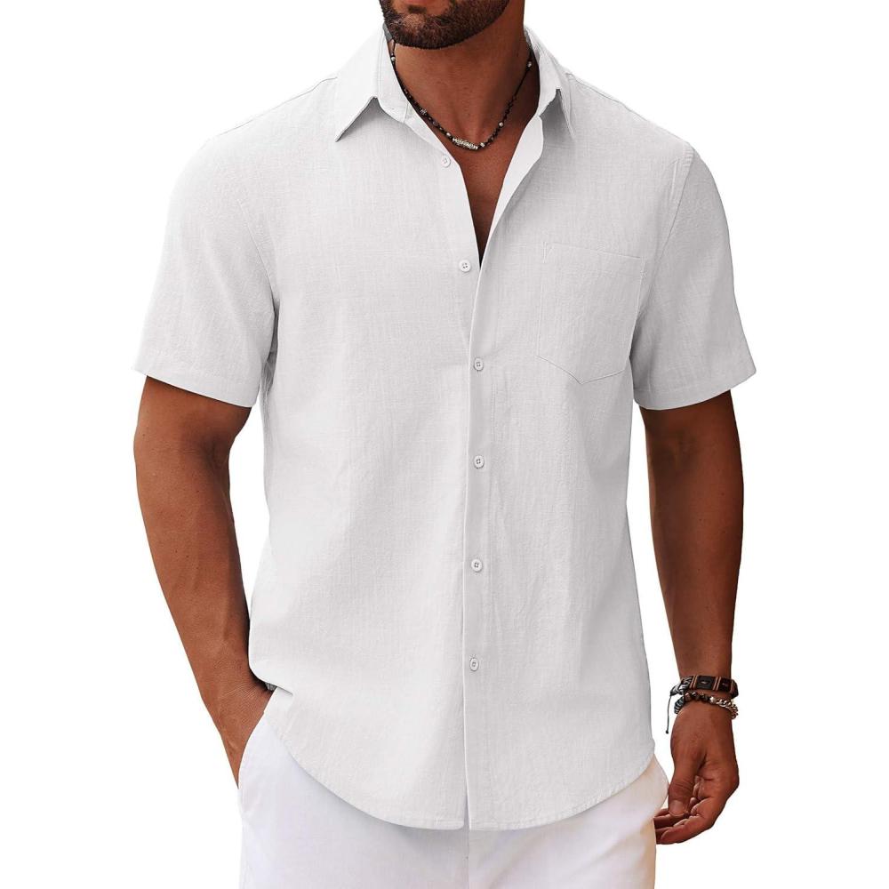 imageCOOFANDY Mens Button Down Short Sleeve Shirt Casual Cotton Summer Beach Wedding Shirts with PocketWhite