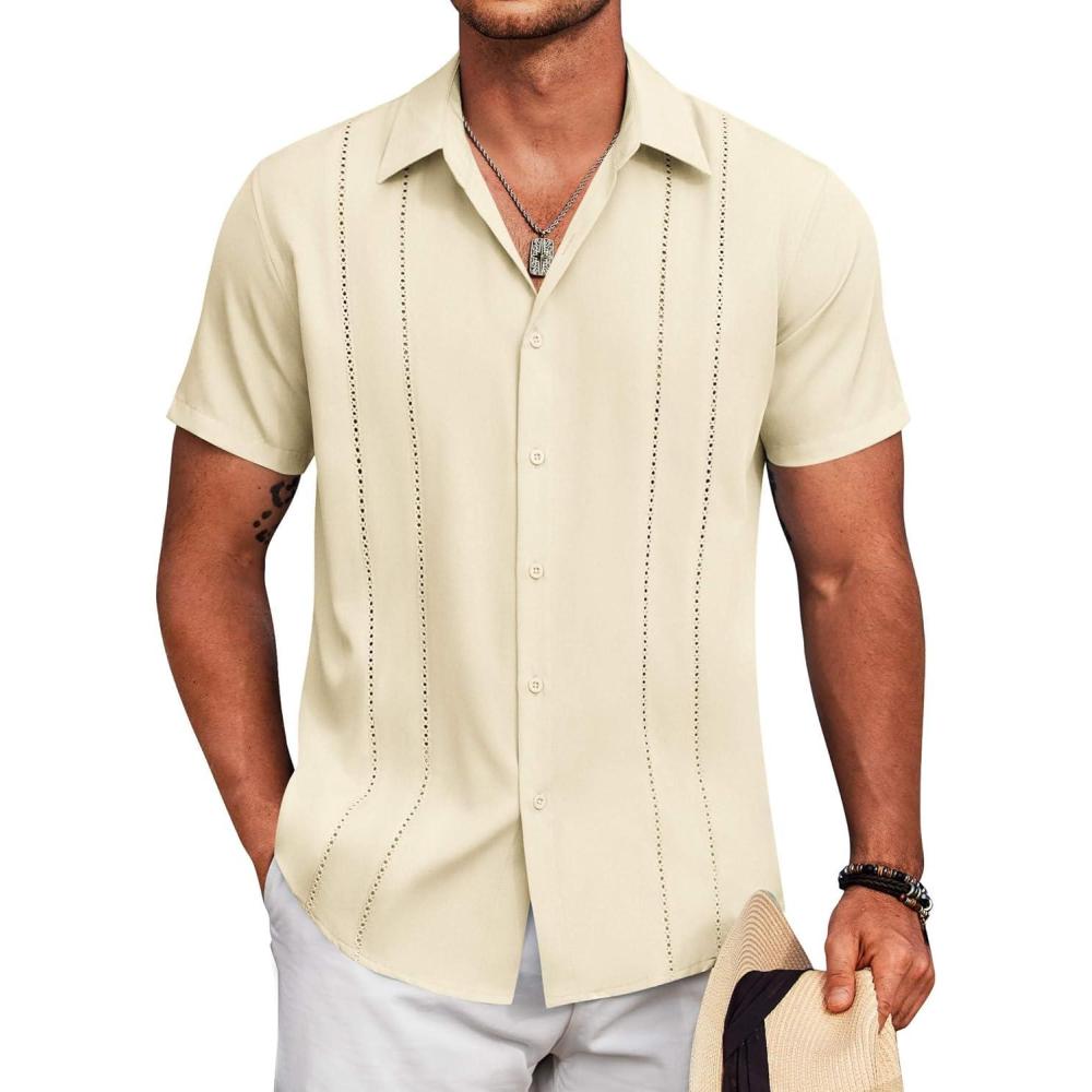 imageCOOFANDY Mens Cuban Guayabera Shirt Short Sleeve Button Down Shirts Summer Beach Vacation ShirtsBeige