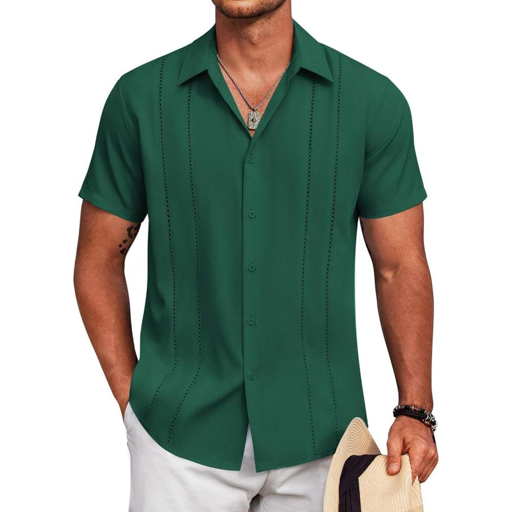 imageCOOFANDY Mens Cuban Guayabera Shirt Short Sleeve Button Down Shirts Summer Beach Vacation ShirtsGreen