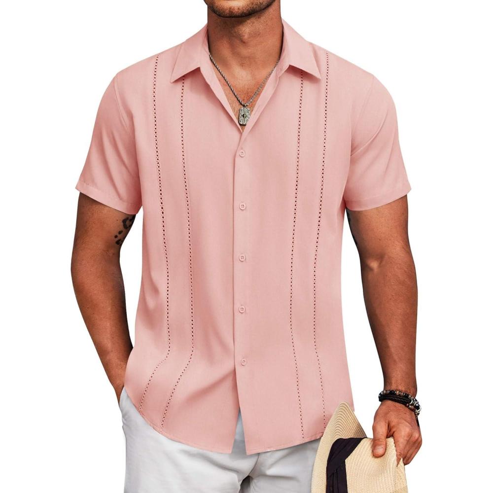 imageCOOFANDY Mens Cuban Guayabera Shirt Short Sleeve Button Down Shirts Summer Beach Vacation ShirtsPink