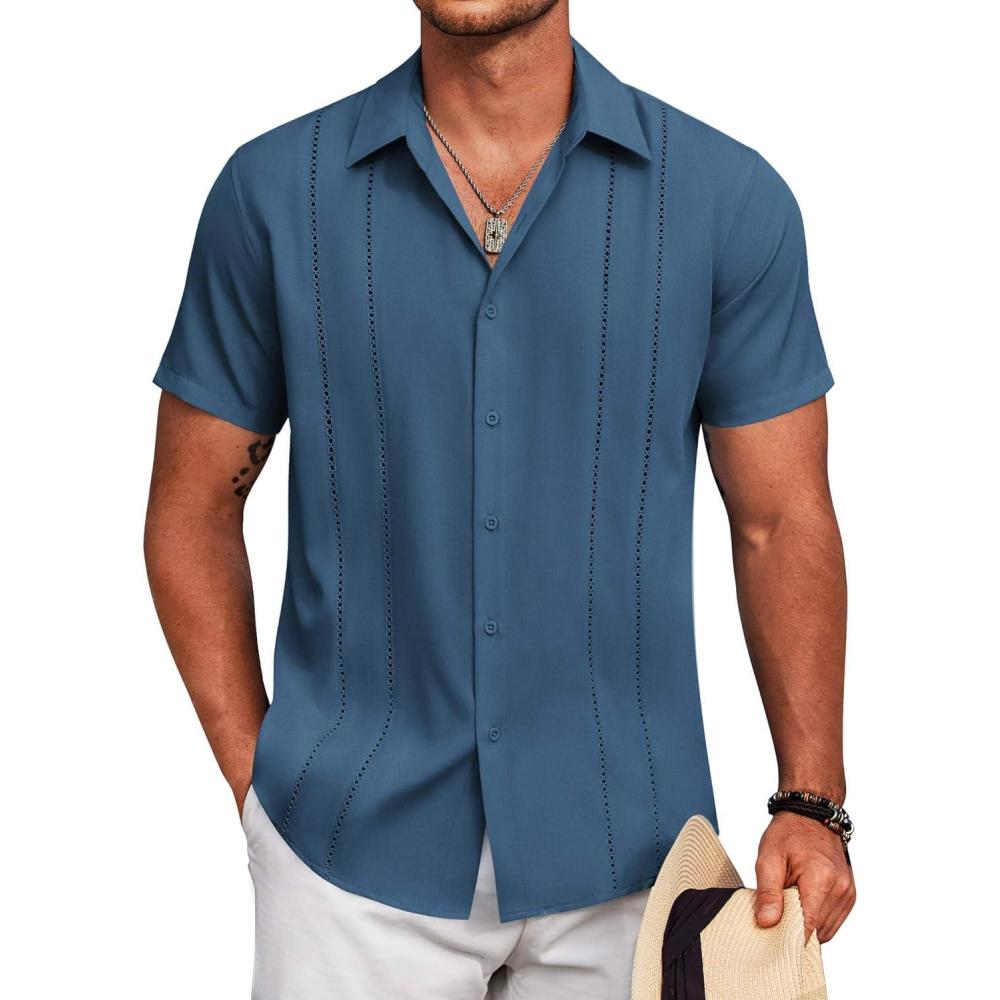 imageCOOFANDY Mens Cuban Guayabera Shirt Short Sleeve Button Down Shirts Summer Beach Vacation ShirtsRoyal Blue