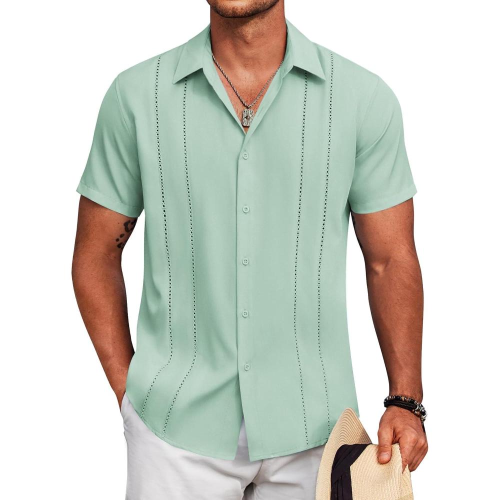 imageCOOFANDY Mens Cuban Guayabera Shirt Short Sleeve Button Down Shirts Summer Beach Vacation ShirtsSage Green