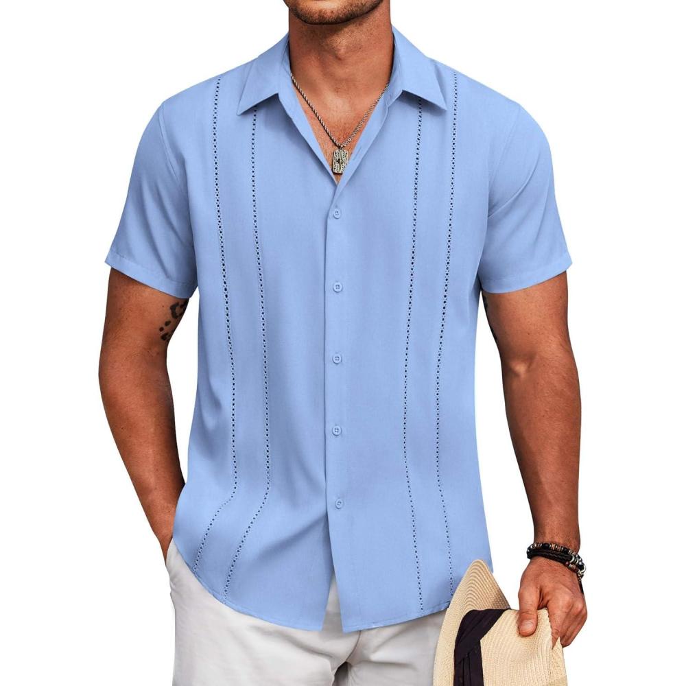 imageCOOFANDY Mens Cuban Guayabera Shirt Short Sleeve Button Down Shirts Summer Beach Vacation ShirtsSky Blue
