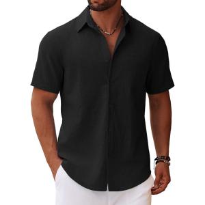 imageCOOFANDY Mens Button Down Short Sleeve Shirt Casual Cotton Summer Beach Wedding Shirts with PocketBlack