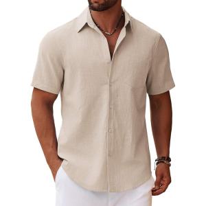 imageCOOFANDY Mens Button Down Short Sleeve Shirt Casual Cotton Summer Beach Wedding Shirts with PocketKhaki