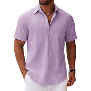 imageCOOFANDY Mens Button Down Short Sleeve Shirt Casual Cotton Summer Beach Wedding Shirts with PocketLavender