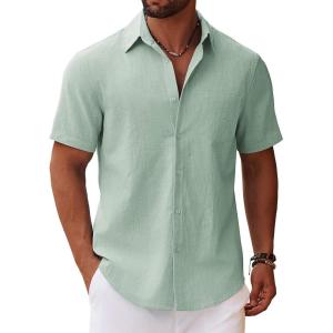 imageCOOFANDY Mens Button Down Short Sleeve Shirt Casual Cotton Summer Beach Wedding Shirts with PocketLight Green