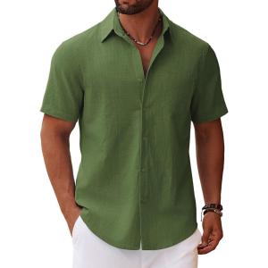 imageCOOFANDY Mens Button Down Short Sleeve Shirt Casual Cotton Summer Beach Wedding Shirts with PocketOlive Green