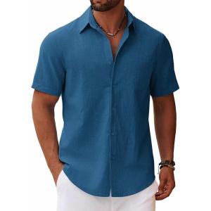 imageCOOFANDY Mens Button Down Short Sleeve Shirt Casual Cotton Summer Beach Wedding Shirts with PocketSea Blue