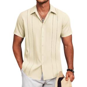 imageCOOFANDY Mens Cuban Guayabera Shirt Short Sleeve Button Down Shirts Summer Beach Vacation ShirtsBeige