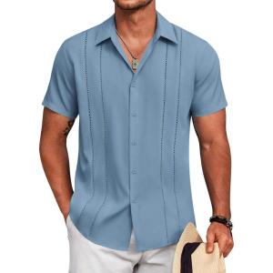 imageCOOFANDY Mens Cuban Guayabera Shirt Short Sleeve Button Down Shirts Summer Beach Vacation ShirtsDenim Blue
