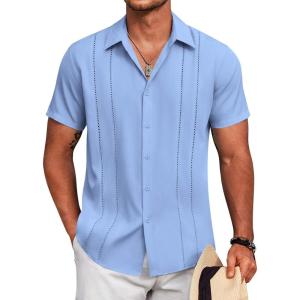 imageCOOFANDY Mens Cuban Guayabera Shirt Short Sleeve Button Down Shirts Summer Beach Vacation ShirtsSky Blue