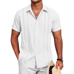 imageCOOFANDY Mens Cuban Guayabera Shirt Short Sleeve Button Down Shirts Summer Beach Vacation ShirtsWhite