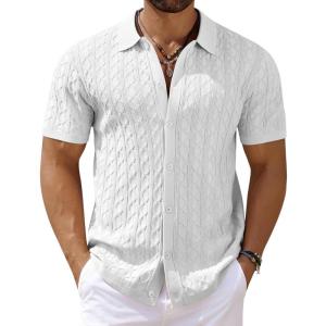 imageCOOFANDY Mens Knit Short Sleeve Shirts Button Down Vintage Knitted Polo Shirt Casual Beach Crochet Cable Vacation ShirtWhite