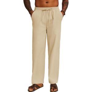 imageCOOFANDY Mens Casual Cotton Pants Elastic Waist Drawstring Linen Beach Summer Pants Lightweight Yoga TrousersBeige