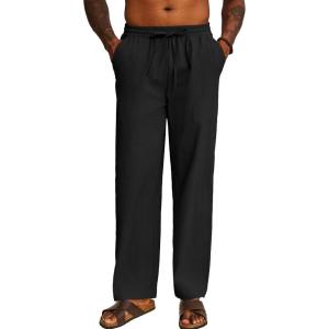 imageCOOFANDY Mens Casual Cotton Pants Elastic Waist Drawstring Linen Beach Summer Pants Lightweight Yoga TrousersBlack