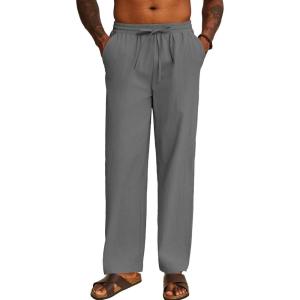 imageCOOFANDY Mens Casual Cotton Pants Elastic Waist Drawstring Linen Beach Summer Pants Lightweight Yoga TrousersDark Grey