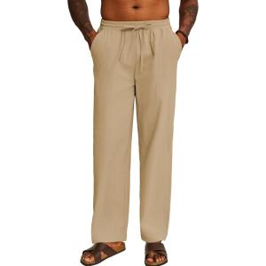 imageCOOFANDY Mens Casual Cotton Pants Elastic Waist Drawstring Linen Beach Summer Pants Lightweight Yoga TrousersKhaki