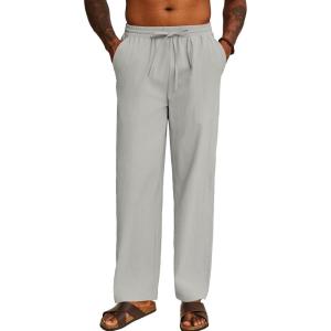 imageCOOFANDY Mens Casual Cotton Pants Elastic Waist Drawstring Linen Beach Summer Pants Lightweight Yoga TrousersLight Grey