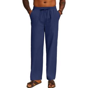 imageCOOFANDY Mens Casual Cotton Pants Elastic Waist Drawstring Linen Beach Summer Pants Lightweight Yoga TrousersNavy Blue