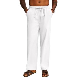 imageCOOFANDY Mens Casual Cotton Pants Elastic Waist Drawstring Linen Beach Summer Pants Lightweight Yoga TrousersWhite