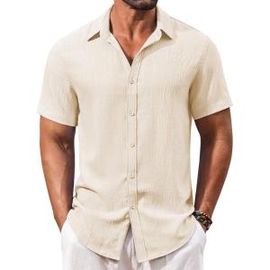 imageCOOFANDY Mens Casual Short Sleeve Button Down Shirts Summer Vacation Shirt Lightweight Textured ShirtsBeige
