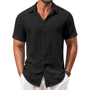 imageCOOFANDY Mens Casual Short Sleeve Button Down Shirts Summer Vacation Shirt Lightweight Textured ShirtsBlack