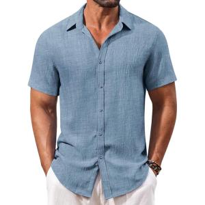 imageCOOFANDY Mens Casual Short Sleeve Button Down Shirts Summer Vacation Shirt Lightweight Textured ShirtsDark Blue